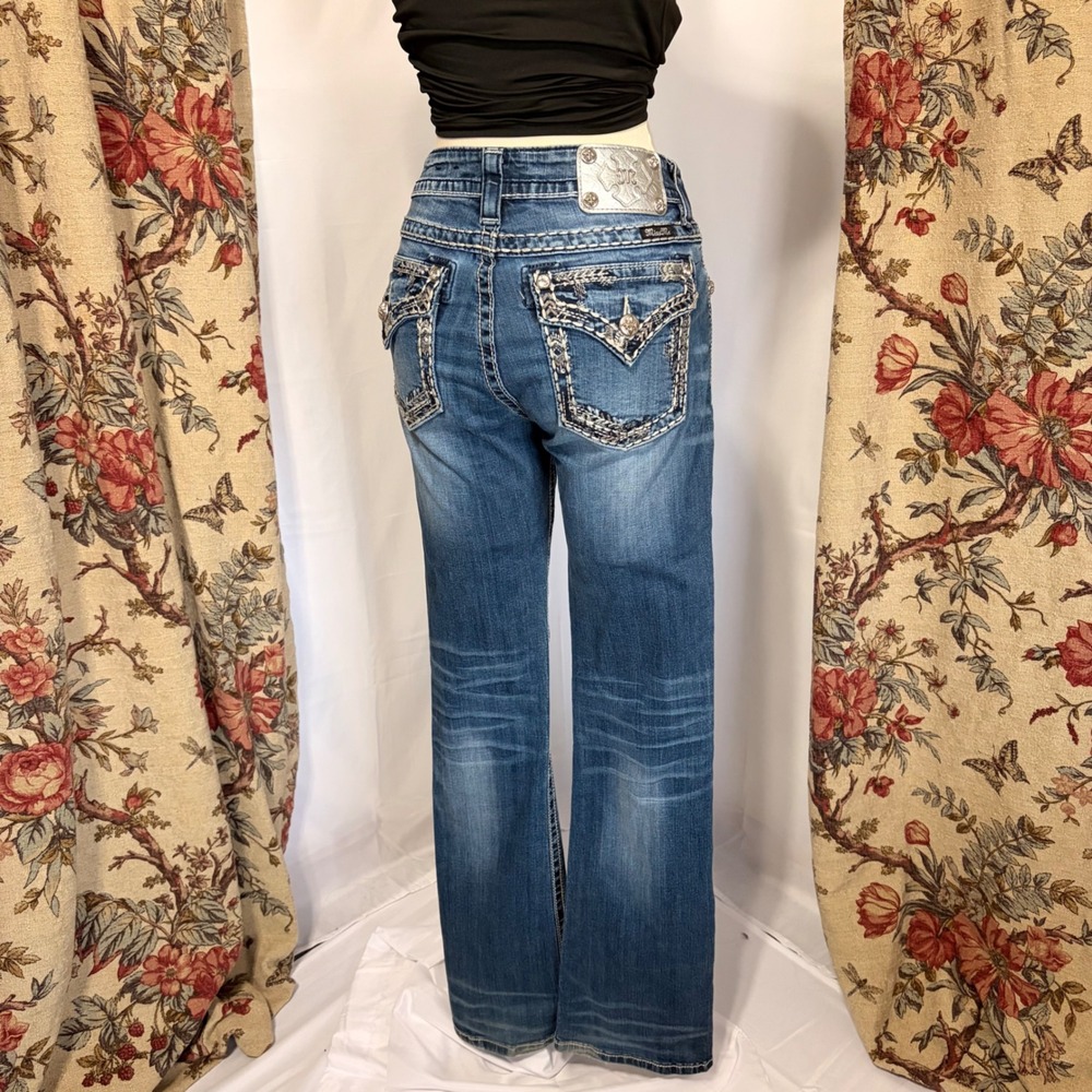 Miss Me Gorgeous Mid-Rise Bootcut Jeans Blue Denim with Embellished Y2K design